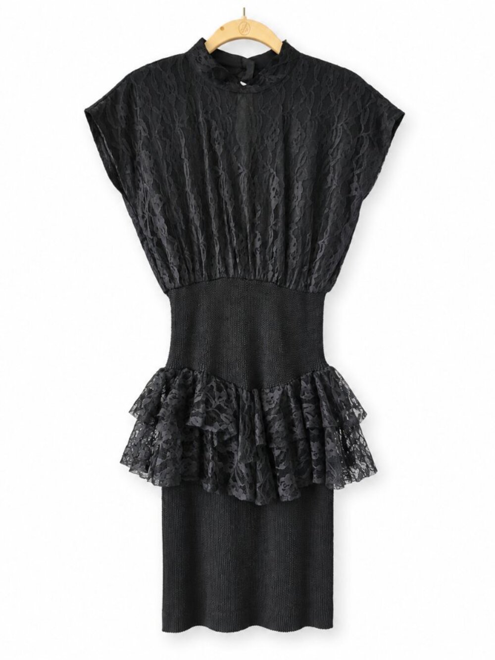 Vintage 80s Nuance Black Lace Peplum Dress Size 9 Fits S/M Made in USA